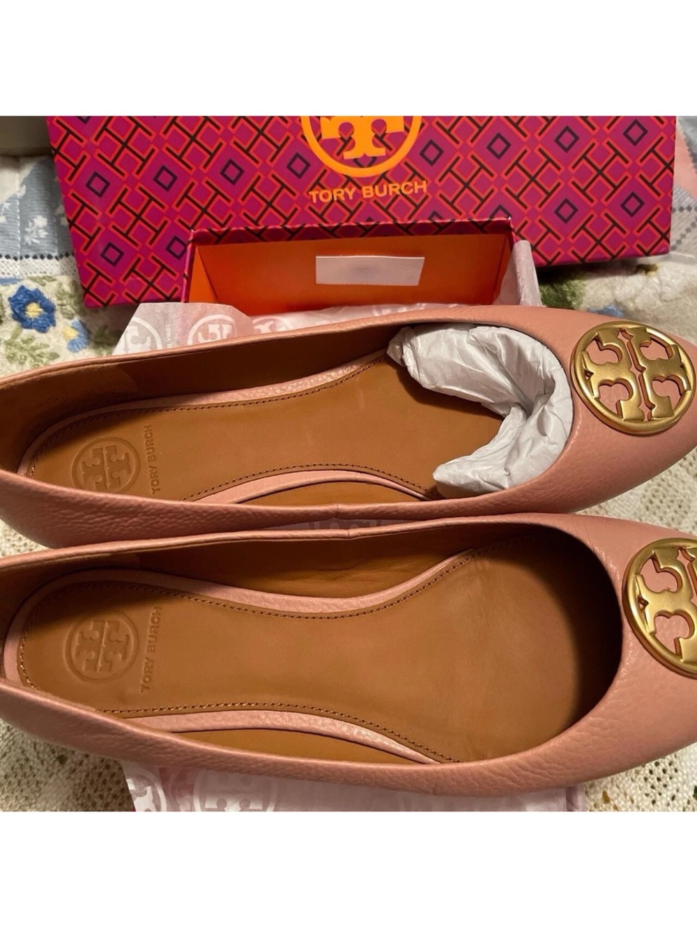 Tory Burch Blush Pink Leather Logo Ballet Flats with Gold Medallion